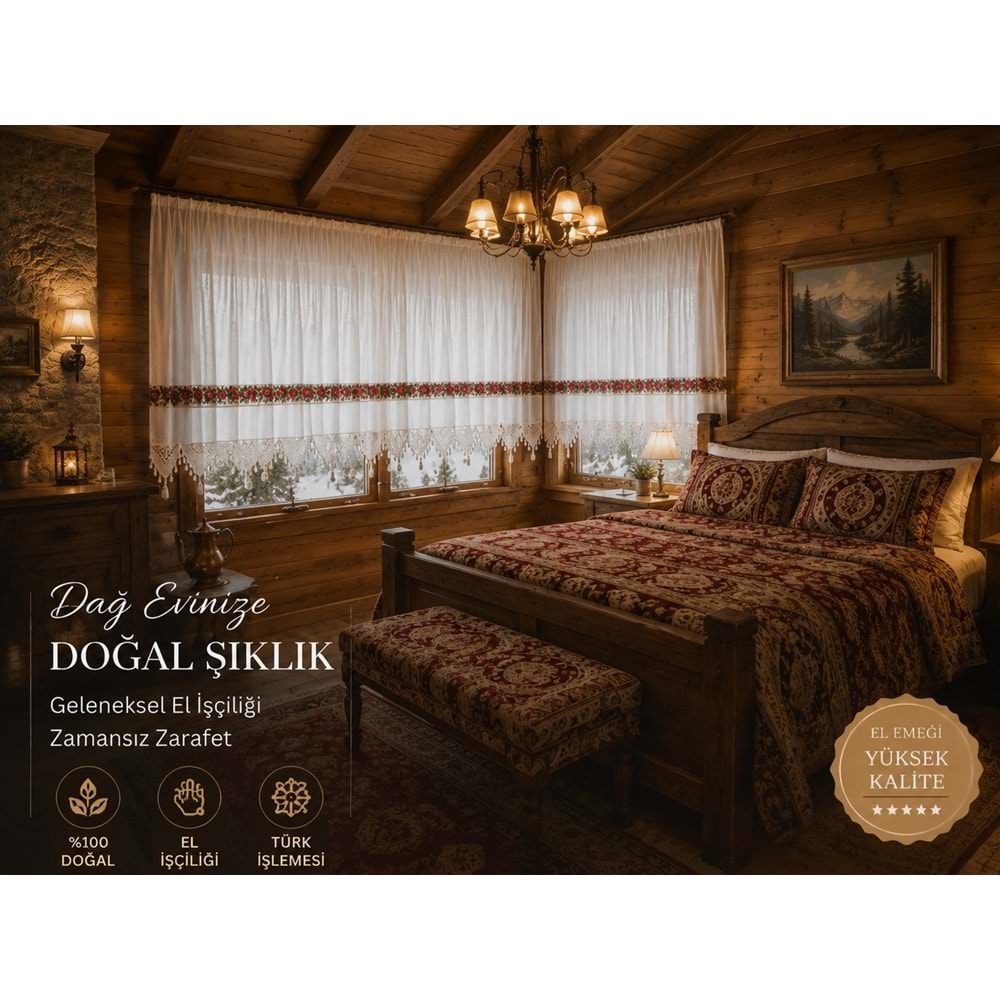 Mandaş El İşi Dantelli Kanaviçe Buldan Perdesi Tek kanat (250*190)