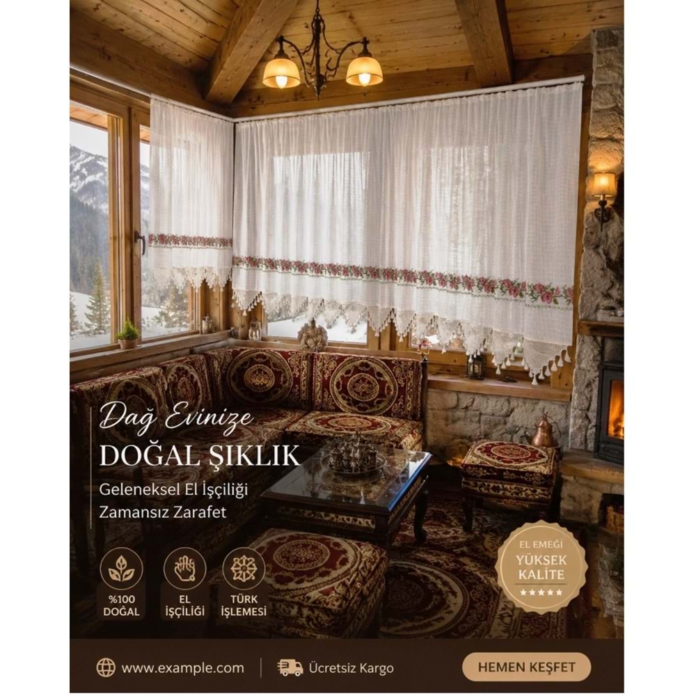 Mandaş El İşi Dantelli Kanaviçe Buldan Perdesi Tek kanat (500*190)