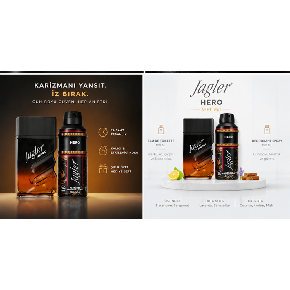 Jagler Parfüm Seti Erkek / Men 90ML Hero + 150ML Deodorant (turuncu )