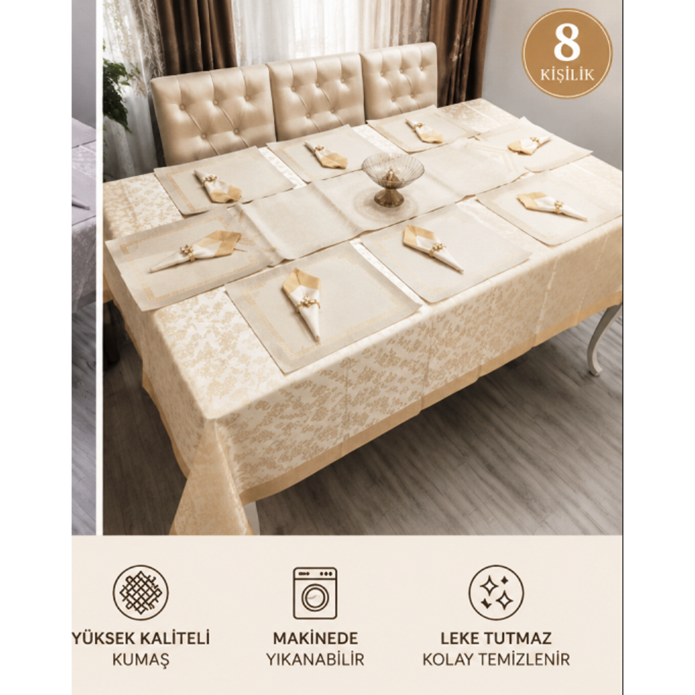 Mandaş Yemek seti 8 Kişilik deri runnerli yüzüklü 26 prç krem /gold