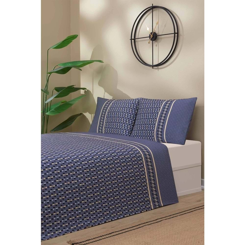 Özdilek Rf -Angles Lacivert- Lastikli Çarşaflı Çift Kişilik Pike Takımı