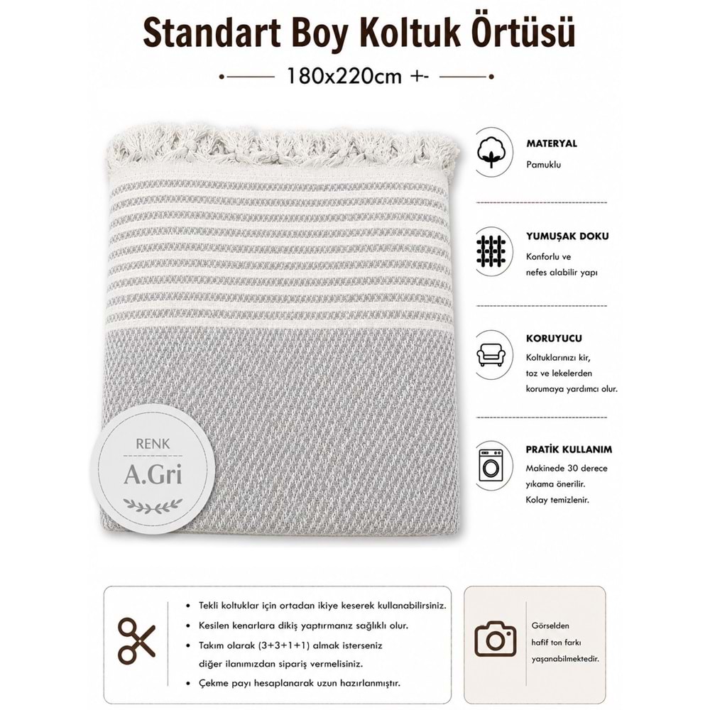 Pamuklu Kaymaz Hasır Dokuma Koltuk Örtüsü (180x220) - Açık Gri