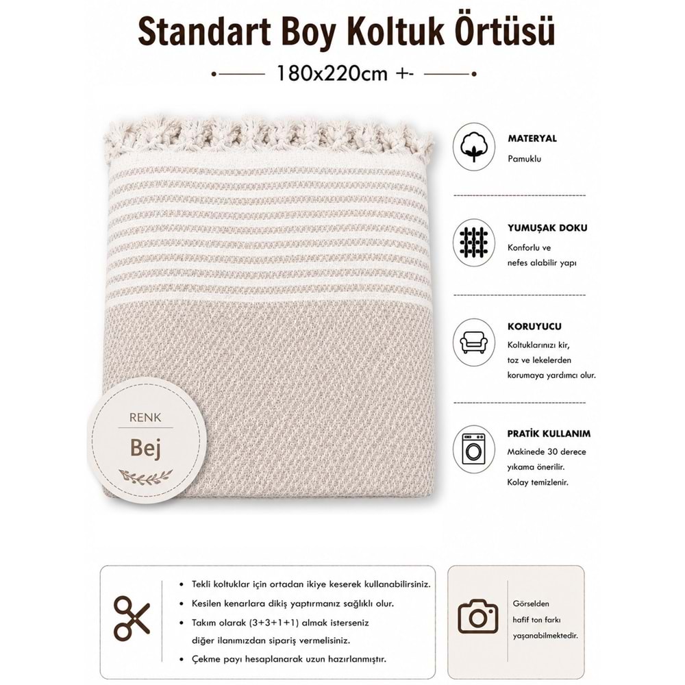 Pamuklu Kaymaz Hasır Dokuma Koltuk Örtüsü (180x220) - Bej