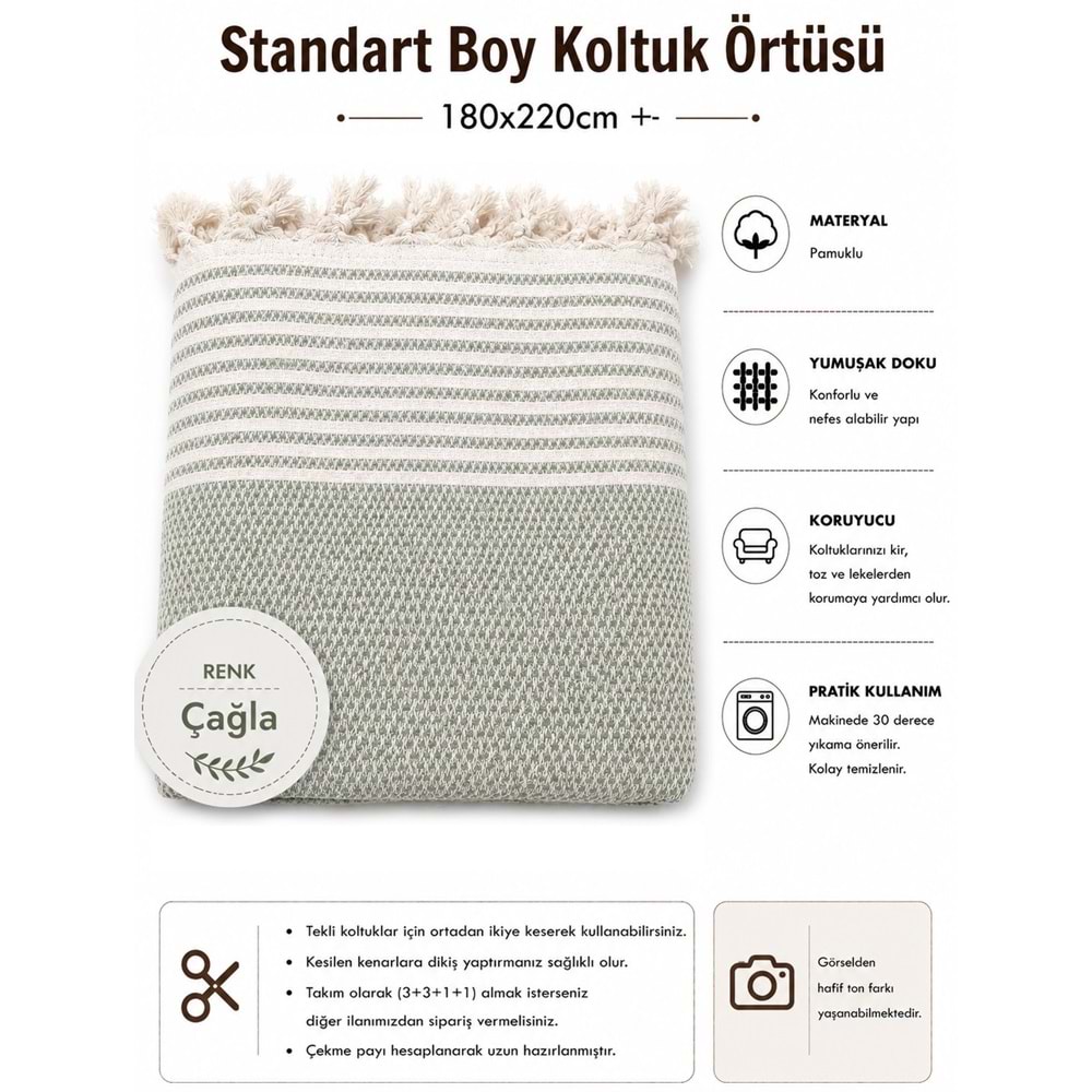 Pamuklu Kaymaz Hasır Dokuma Koltuk Örtüsü (180x220) - Çağla