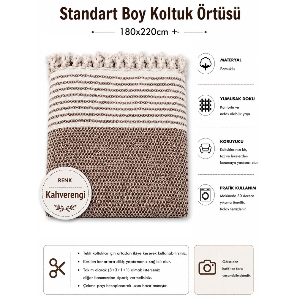 Pamuklu Kaymaz Hasır Dokuma Koltuk Örtüsü (180x220) - Kahverengi
