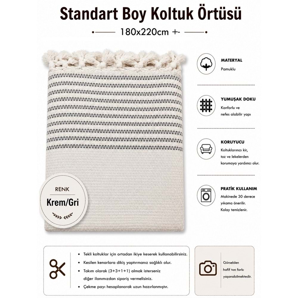 Pamuklu Kaymaz Hasır Dokuma Koltuk Örtüsü (180x220) - Kreme Gri