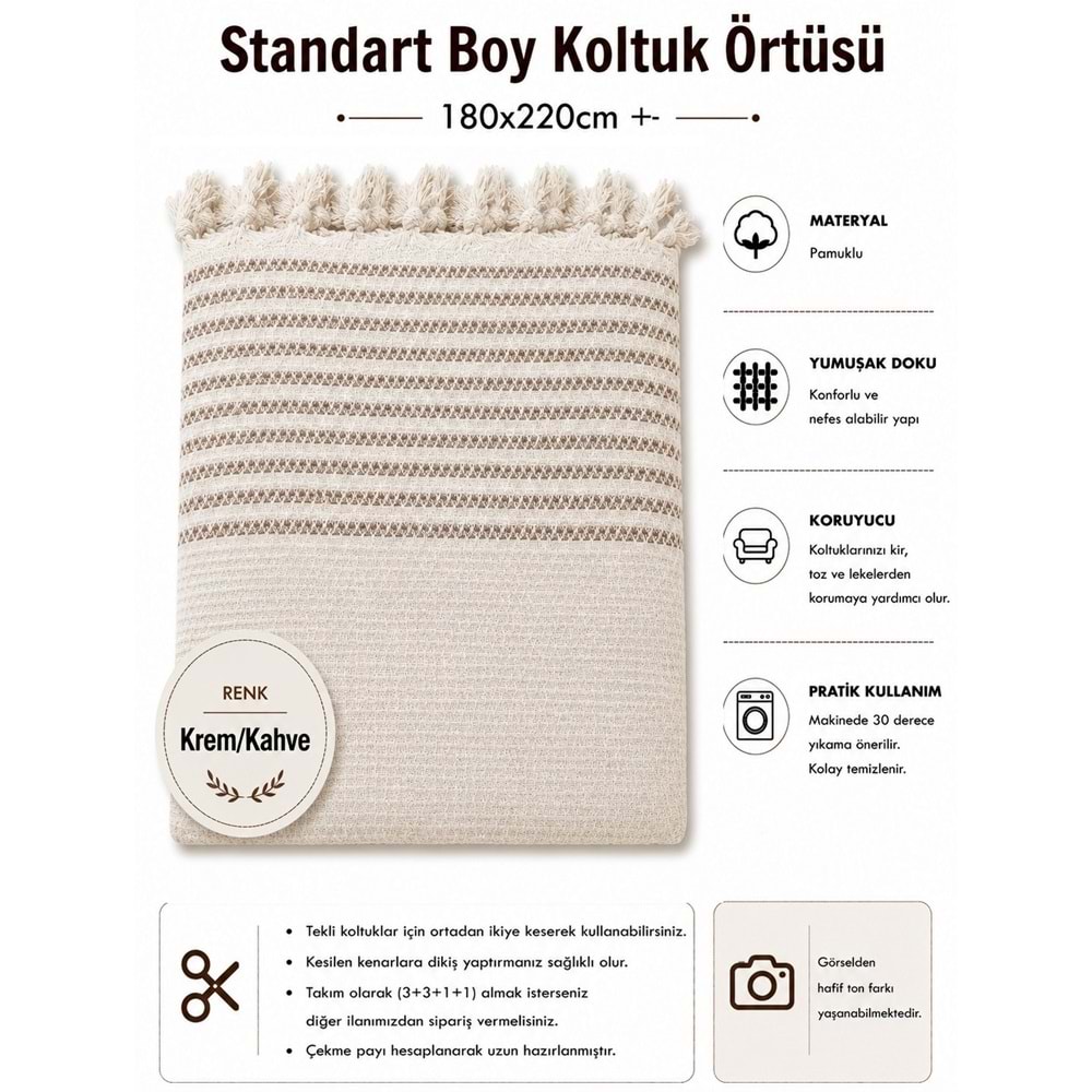 Pamuklu Kaymaz Hasır Dokuma Koltuk Örtüsü (180x220) - Kreme Kahve