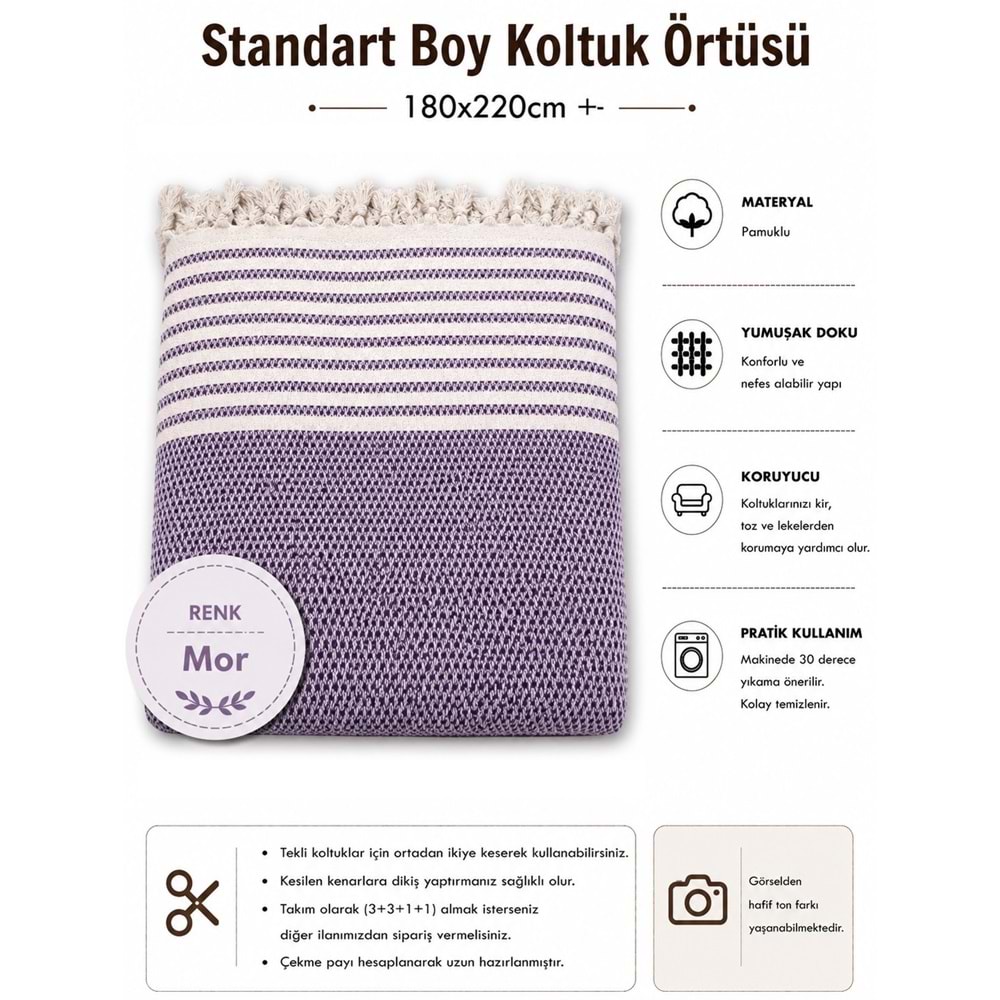 Pamuklu Kaymaz Hasır Dokuma Koltuk Örtüsü (180x220) - Mor
