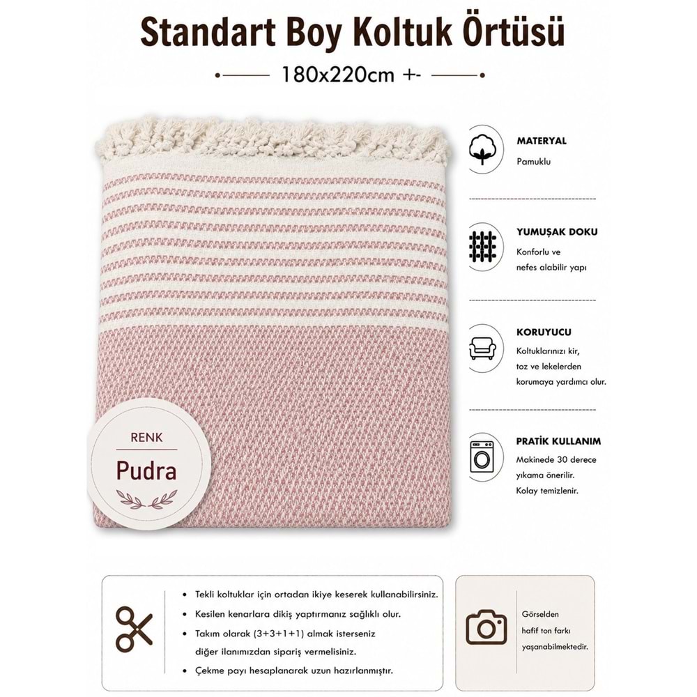 Pamuklu Kaymaz Hasır Dokuma Koltuk Örtüsü (180x220) - Pudra