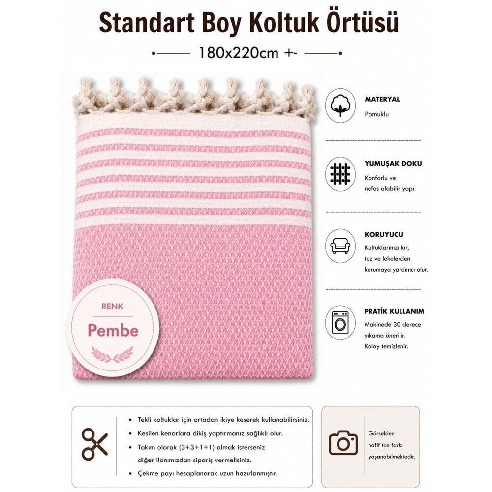 Pamuklu Kaymaz Hasır Dokuma Koltuk Örtüsü (180x220) - Pembe