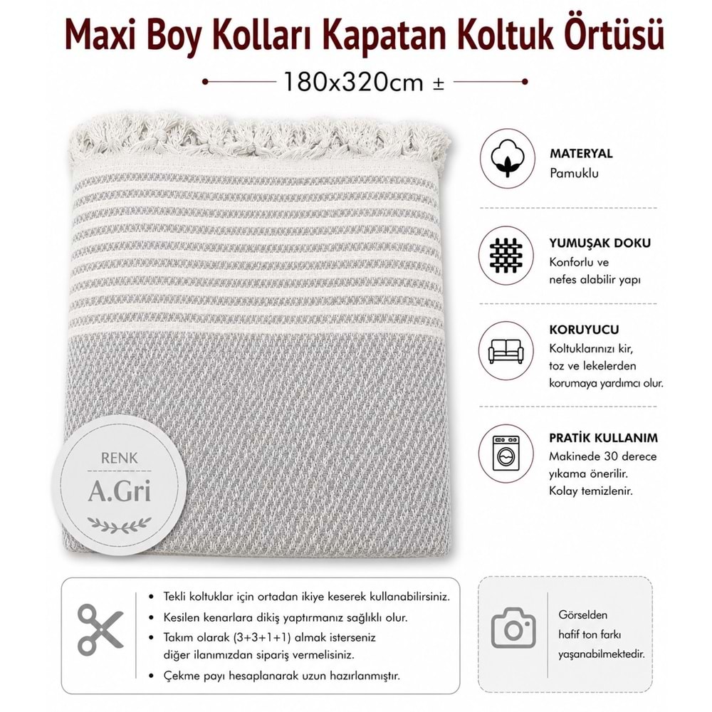 Pamuklu Kaymaz Hasır Dokuma Maxi Boy Kolları Örten Koltuk Örtüsü (180x310) - Açık Gri
