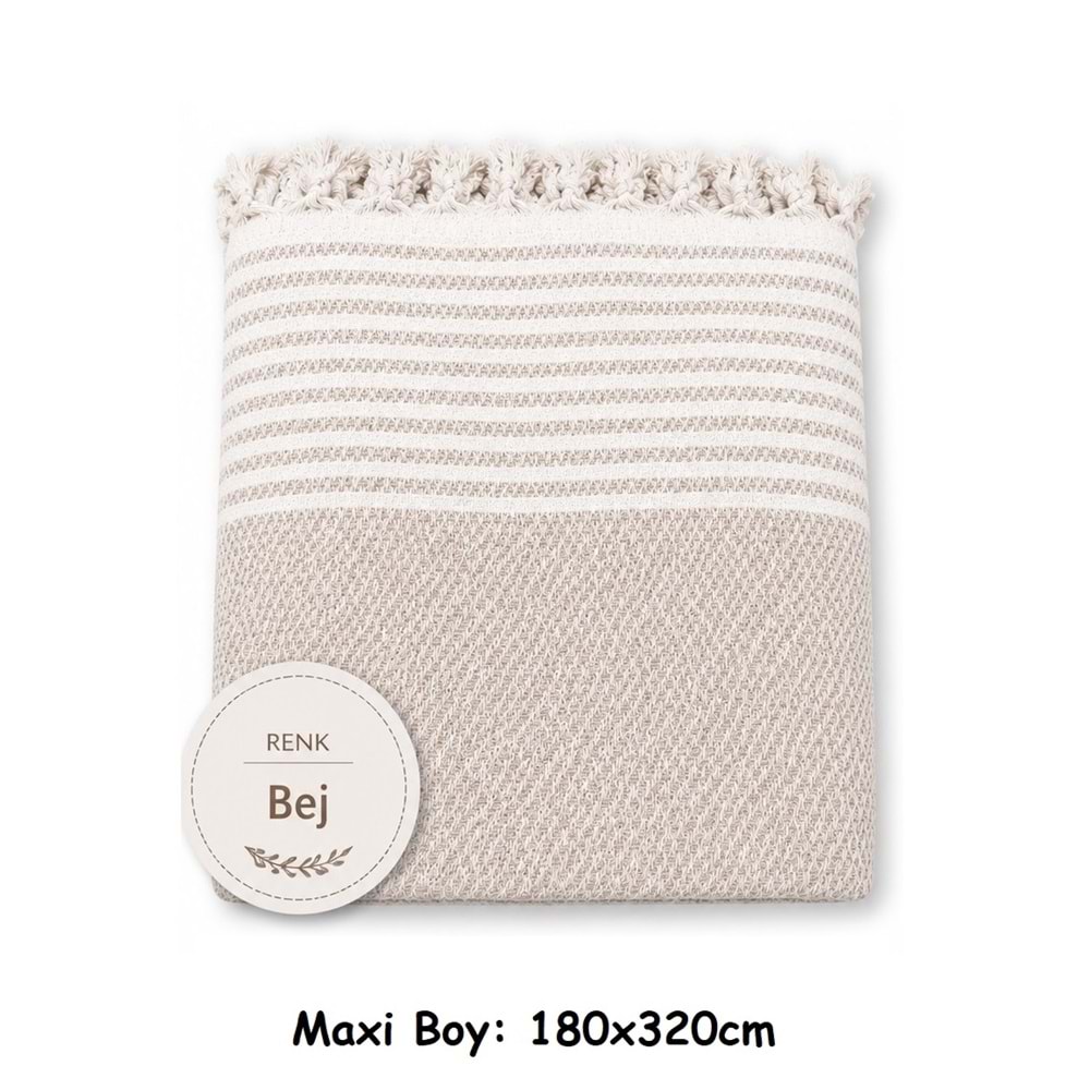 Pamuklu Kaymaz Hasır Dokuma Maxi Boy Kolları Örten Koltuk Örtüsü (180x310) - Bej