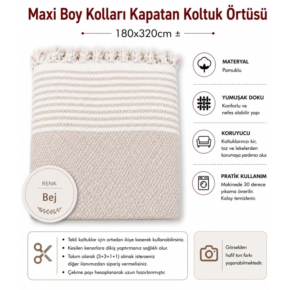Pamuklu Kaymaz Hasır Dokuma Maxi Boy Kolları Örten Koltuk Örtüsü (180x310) - Bej