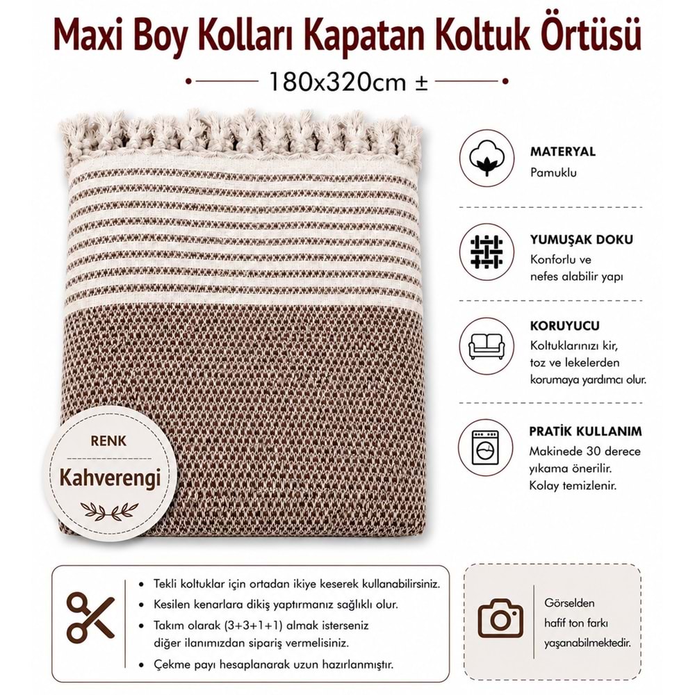 Pamuklu Kaymaz Hasır Dokuma Maxi Boy Kolları Örten Koltuk Örtüsü (180x310) - Kahverengi