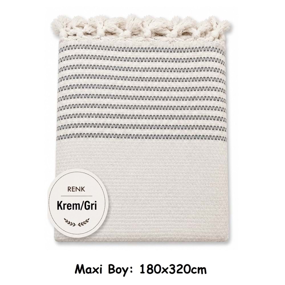 Pamuklu Kaymaz Hasır Dokuma Maxi Boy Kolları Örten Koltuk Örtüsü (180x310) - Kreme Gri
