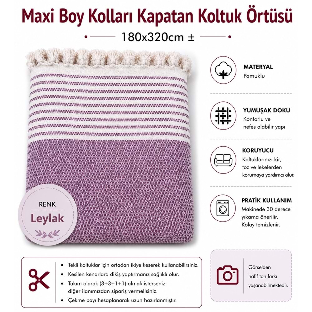 Pamuklu Kaymaz Hasır Dokuma Maxi Boy Kolları Örten Koltuk Örtüsü (180x310) - Leylak