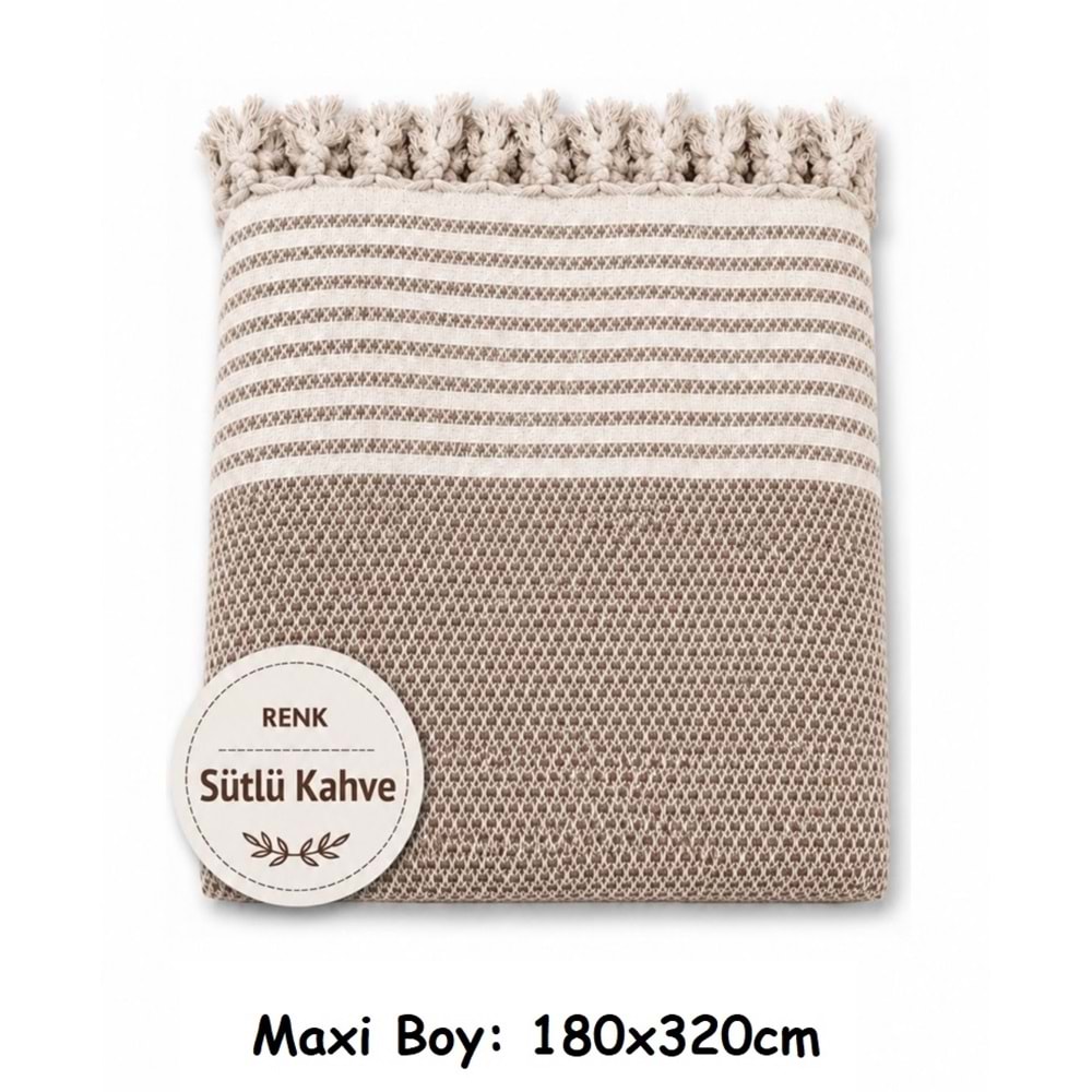Pamuklu Kaymaz Hasır Dokuma Maxi Boy Kolları Örten Koltuk Örtüsü (180x310) - Sütlü Kahve