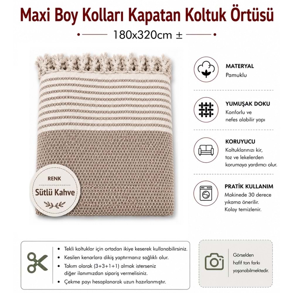 Pamuklu Kaymaz Hasır Dokuma Maxi Boy Kolları Örten Koltuk Örtüsü (180x310) - Sütlü Kahve