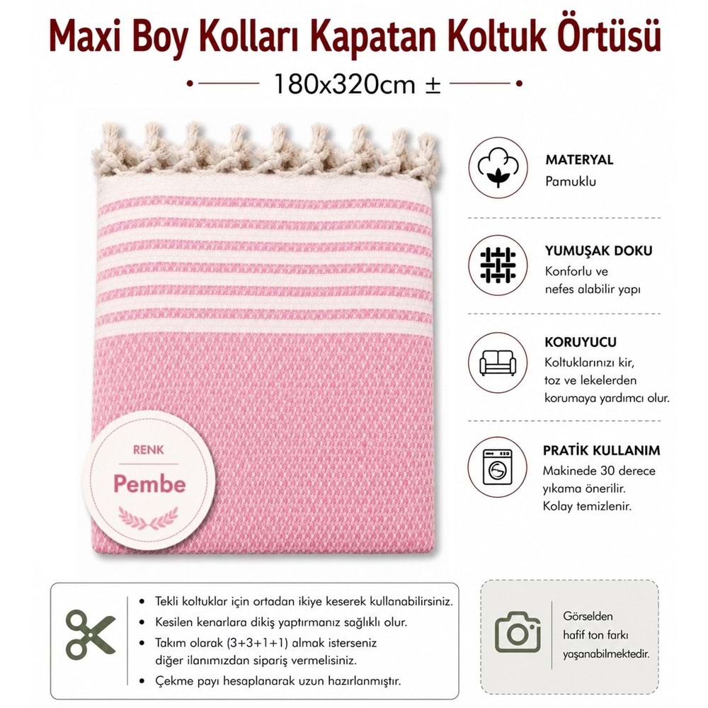 Pamuklu Kaymaz Hasır Dokuma Maxi Boy Kolları Örten Koltuk Örtüsü (180x310) - Pembe