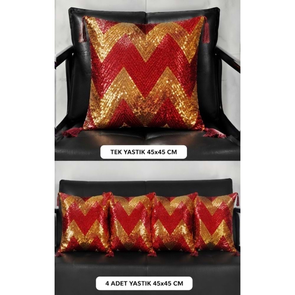 Elessa pullu kırlent 45x45 4lü paket zigzag kırmızı/ gold