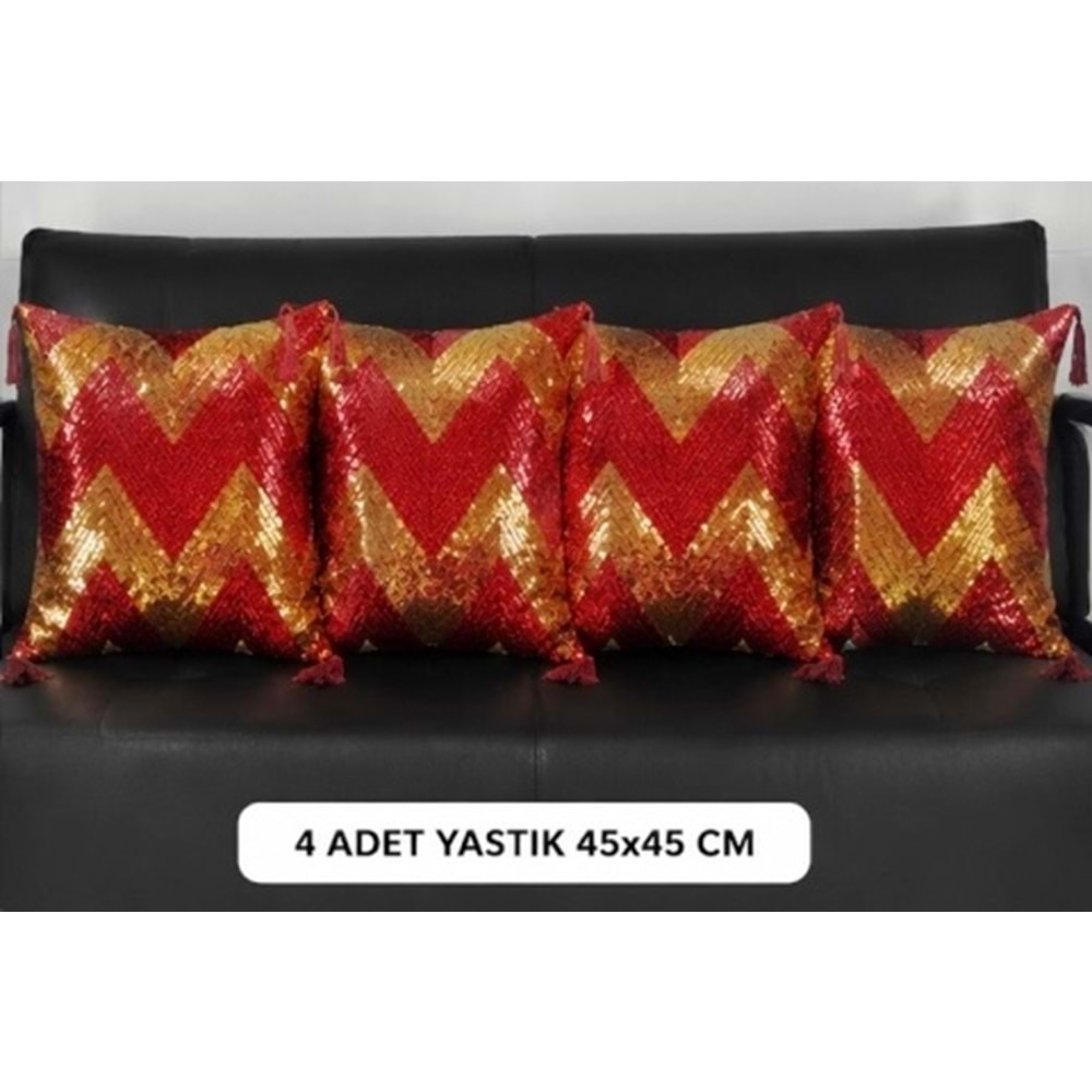 Elessa pullu kırlent 45x45 4lü paket zigzag kırmızı/ gold