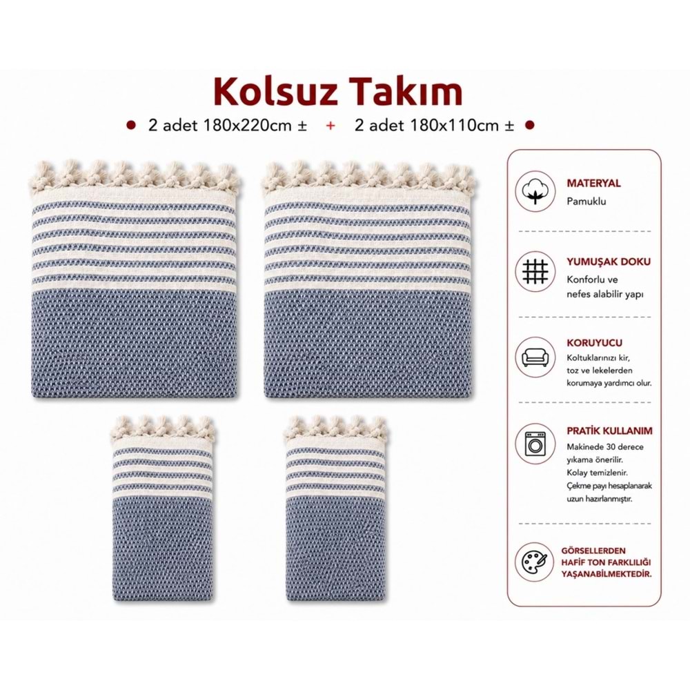 Pamuklu Kaymaz Hasır Dokuma Kolsuz Takım Koltuk Örtüsü (3+3+1+1) - İndigo