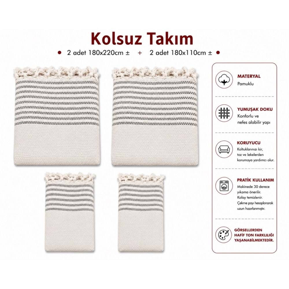 Pamuklu Kaymaz Hasır Dokuma Kolsuz Takım Koltuk Örtüsü (3+3+1+1) - Kreme Gri