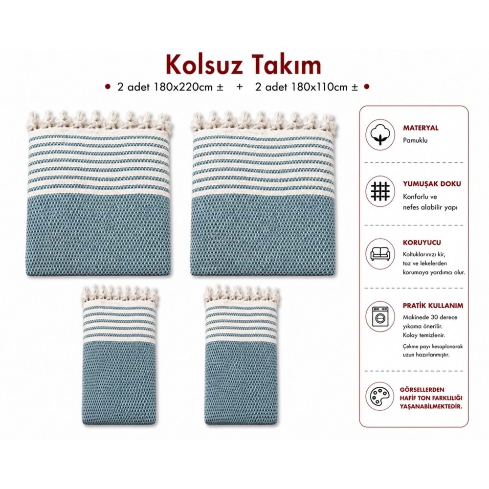 Pamuklu Kaymaz Hasır Dokuma Kolsuz Takım Koltuk Örtüsü (3+3+1+1) - Petrol