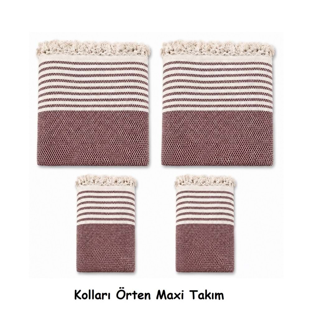 Pamuklu Kaymaz Hasır Dokuma Kolları Örten Maxi Takım Koltuk Örtüsü (3+3+1+1) - Bordo