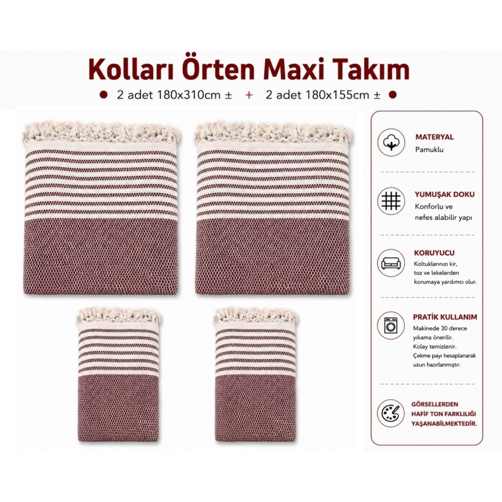 Pamuklu Kaymaz Hasır Dokuma Kolları Örten Maxi Takım Koltuk Örtüsü (3+3+1+1) - Bordo