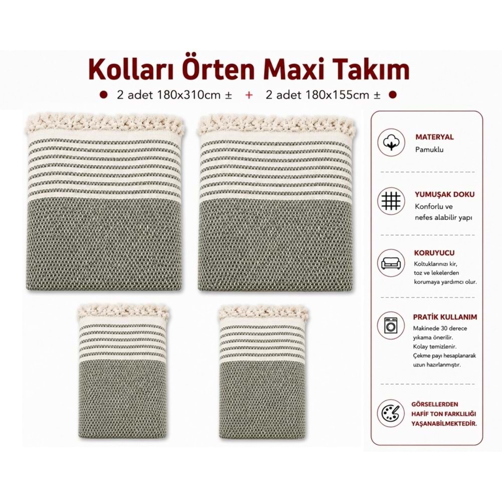 Pamuklu Kaymaz Hasır Dokuma Kolları Örten Maxi Takım Koltuk Örtüsü (3+3+1+1) - Haki Yeşili