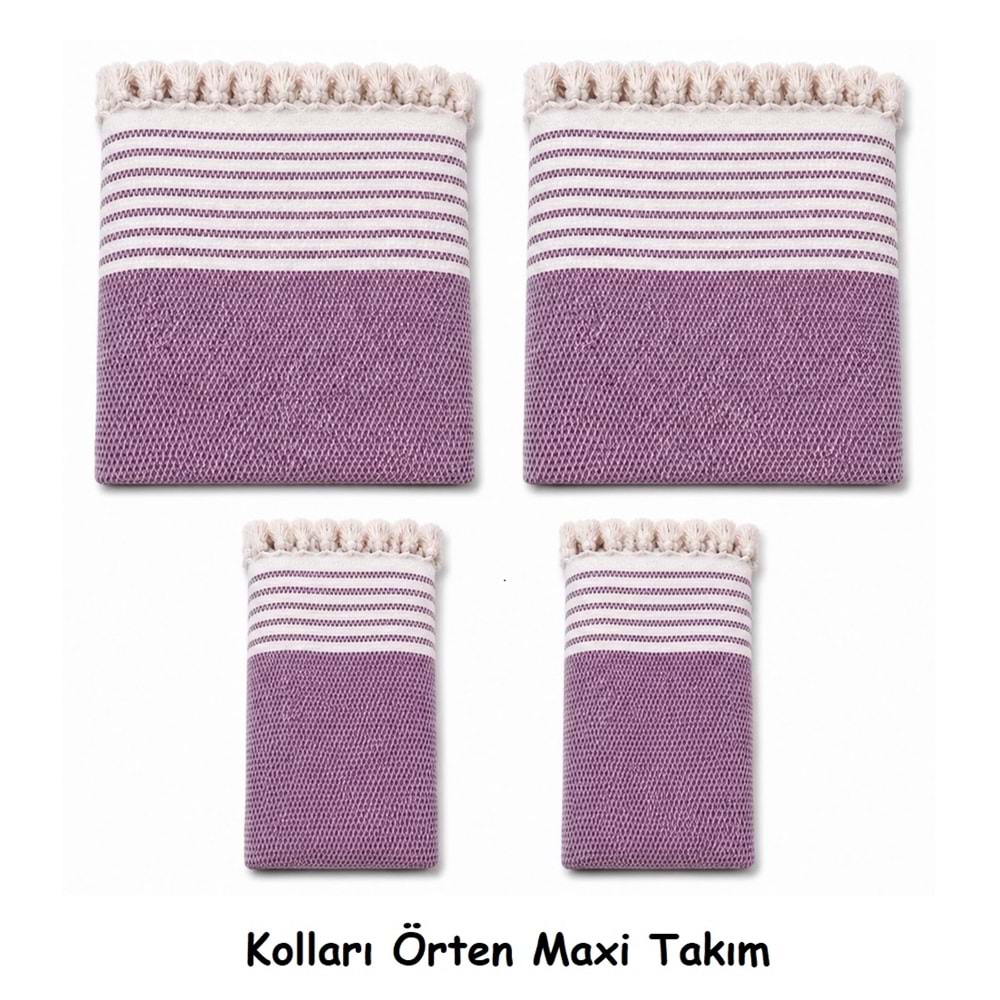 Pamuklu Kaymaz Hasır Dokuma Kolları Örten Maxi Takım Koltuk Örtüsü (3+3+1+1) - Leylak
