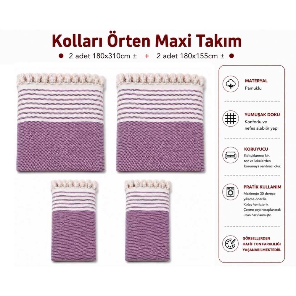 Pamuklu Kaymaz Hasır Dokuma Kolları Örten Maxi Takım Koltuk Örtüsü (3+3+1+1) - Leylak