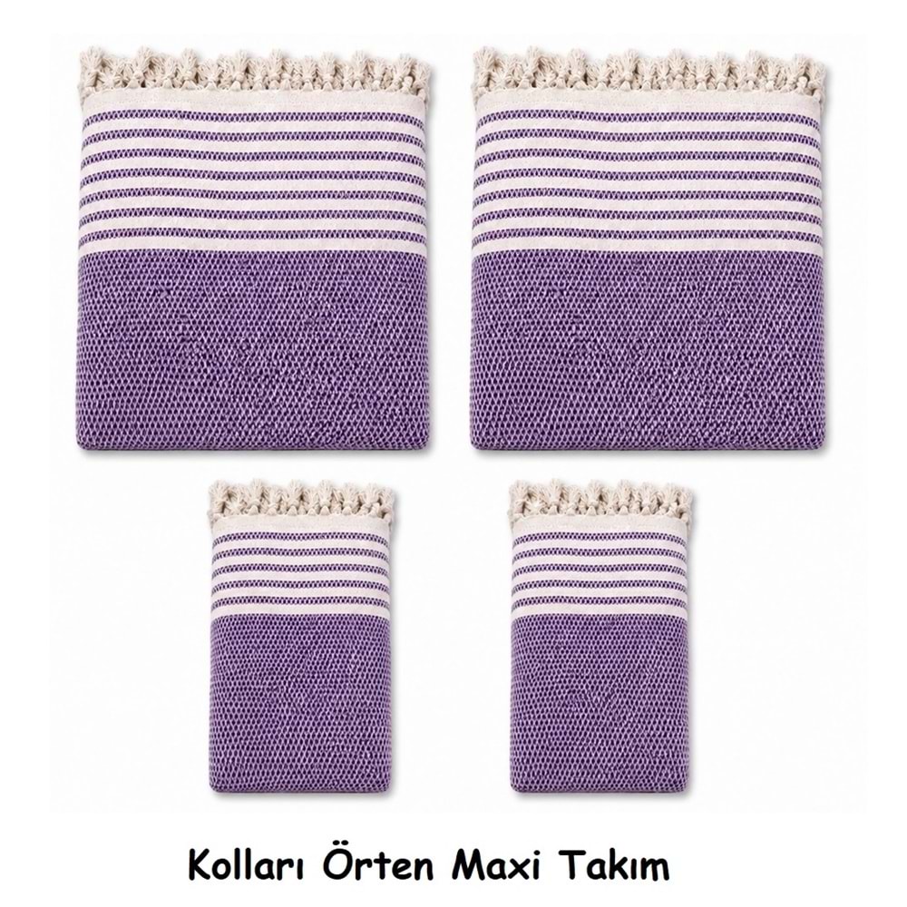 Pamuklu Kaymaz Hasır Dokuma Kolları Örten Maxi Takım Koltuk Örtüsü (3+3+1+1) - Mor
