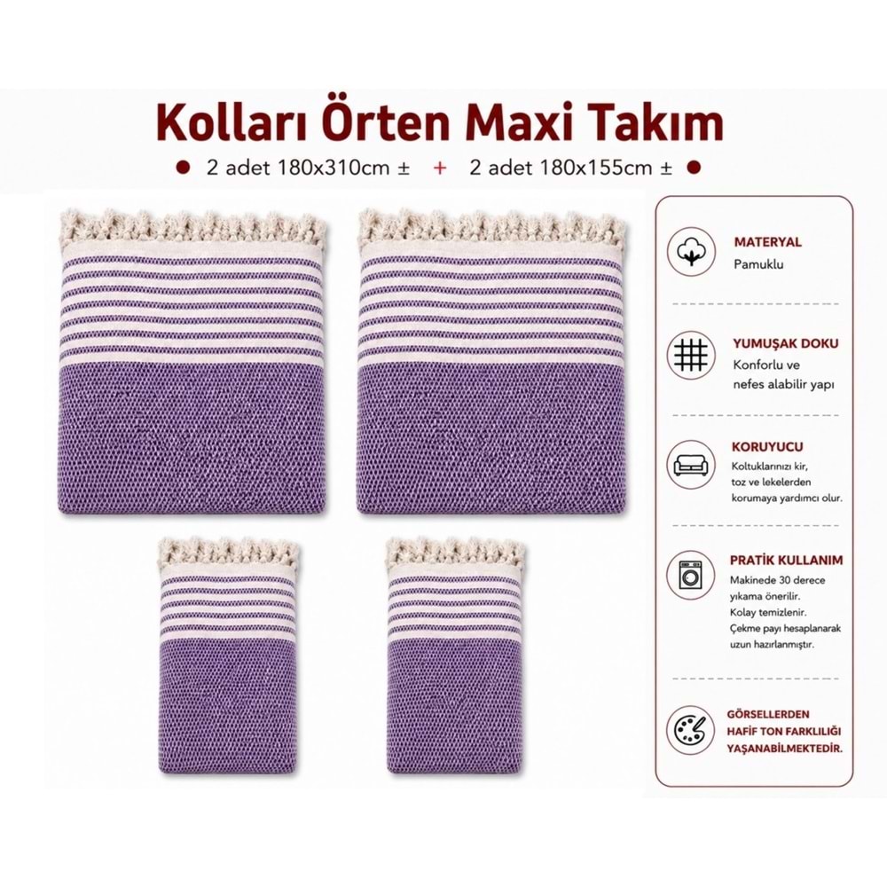 Pamuklu Kaymaz Hasır Dokuma Kolları Örten Maxi Takım Koltuk Örtüsü (3+3+1+1) - Mor