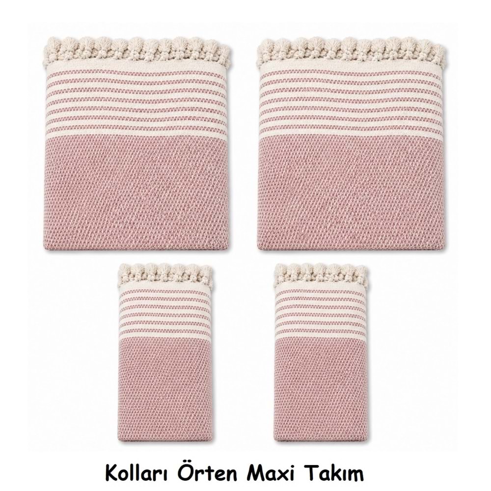 Pamuklu Kaymaz Hasır Dokuma Kolları Örten Maxi Takım Koltuk Örtüsü (3+3+1+1) - Pudra
