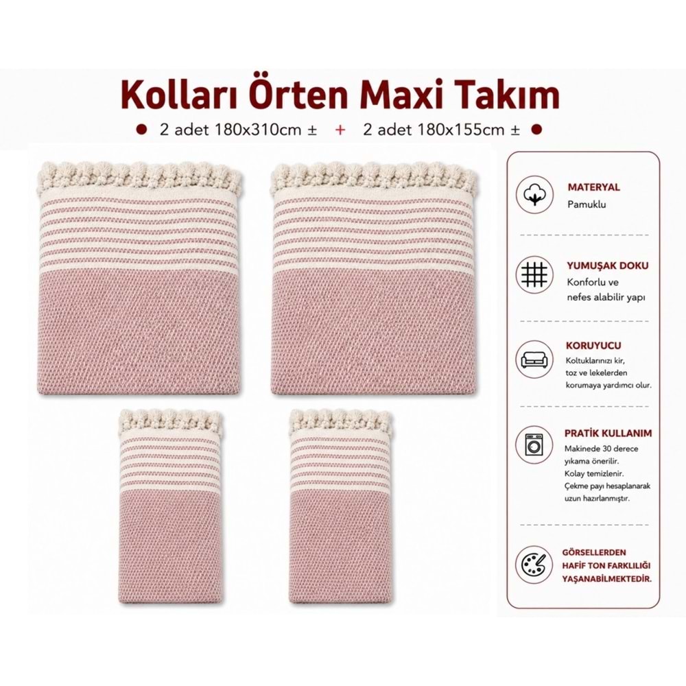 Pamuklu Kaymaz Hasır Dokuma Kolları Örten Maxi Takım Koltuk Örtüsü (3+3+1+1) - Pudra