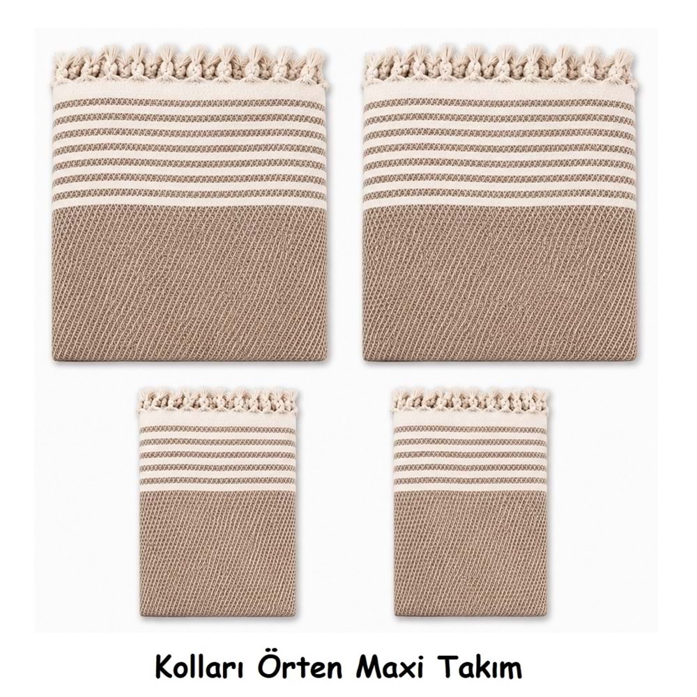 Pamuklu Kaymaz Hasır Dokuma Kolları Örten Maxi Takım Koltuk Örtüsü (3+3+1+1) - Sütlü Kahve