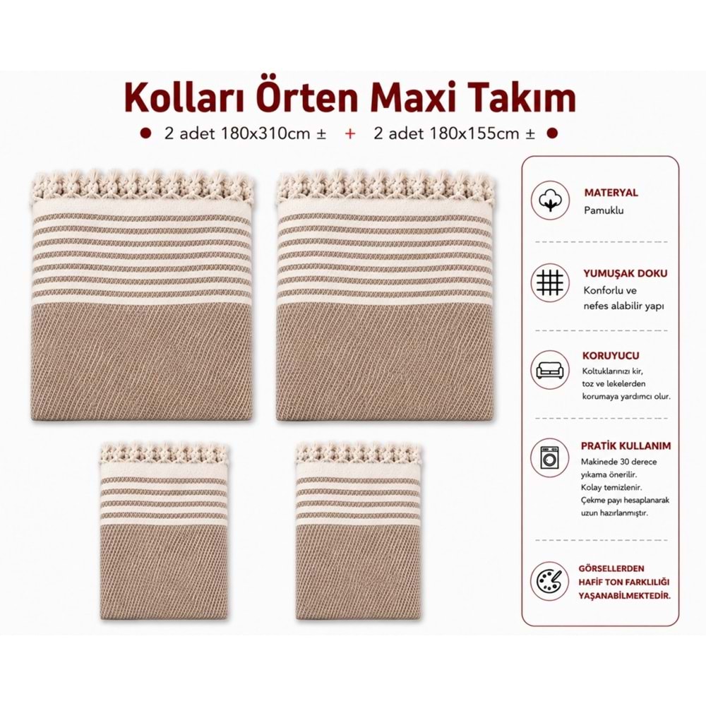 Pamuklu Kaymaz Hasır Dokuma Kolları Örten Maxi Takım Koltuk Örtüsü (3+3+1+1) - Sütlü Kahve