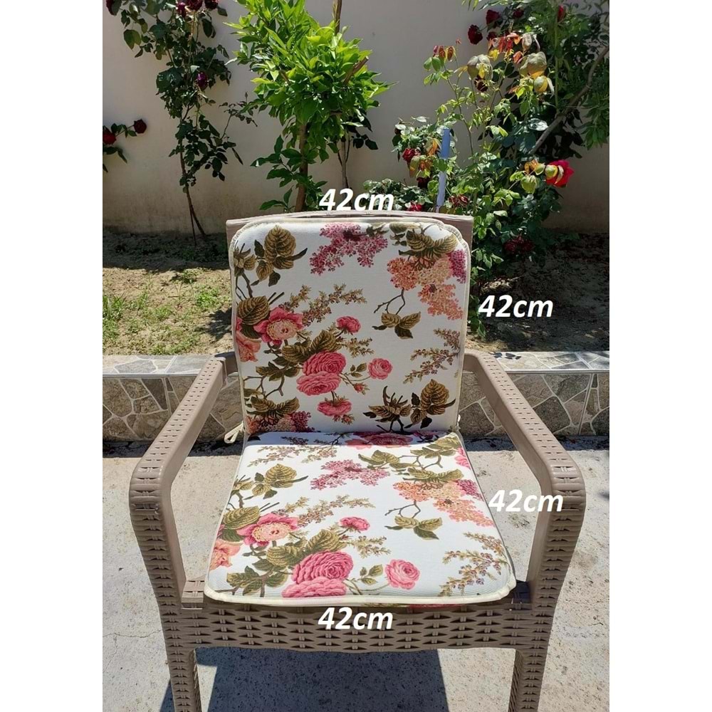 1 Adet Rattan Arkalıklı Sandalye Minderi (Kalınlık 4cm)-İngiliz Gülü (Pamuklu Kumaş)