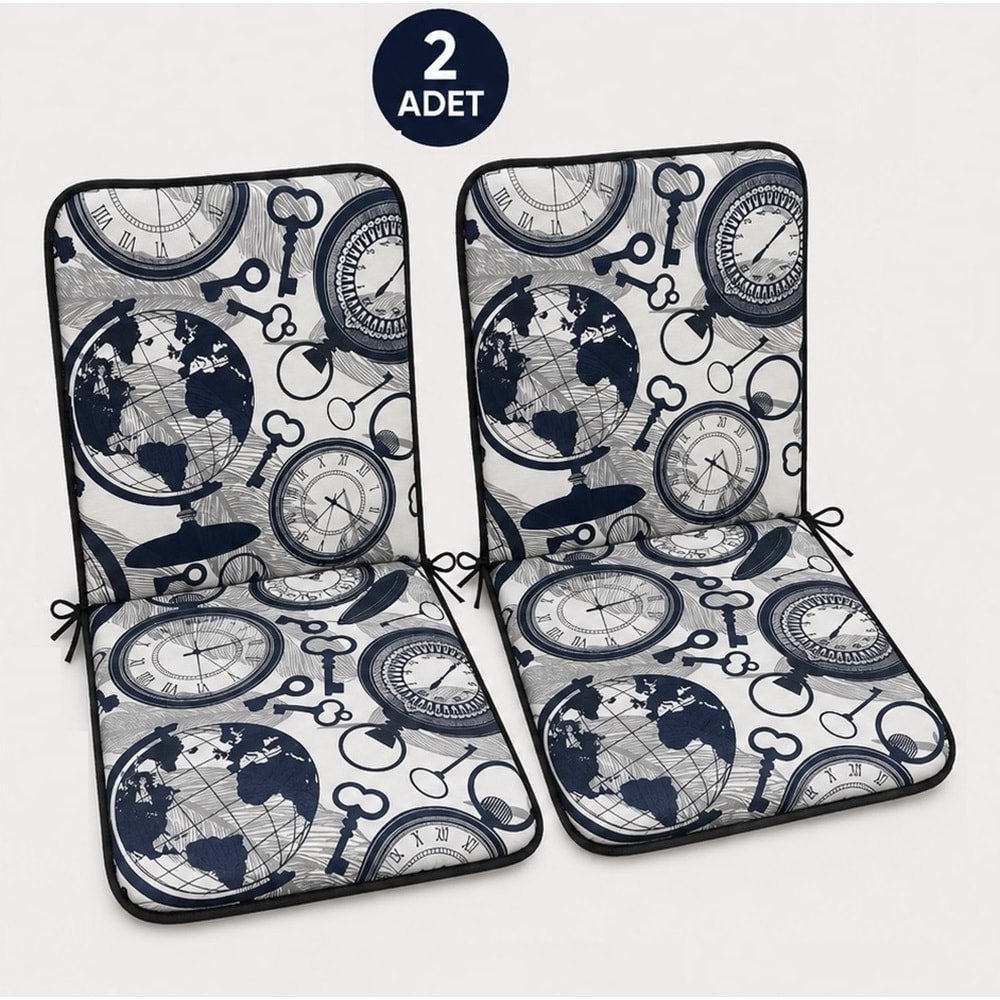 2 Adet Rattan Arkalıklı Sandalye Minderi (Kalınlık 4cm)-Saat Desen Lacivert