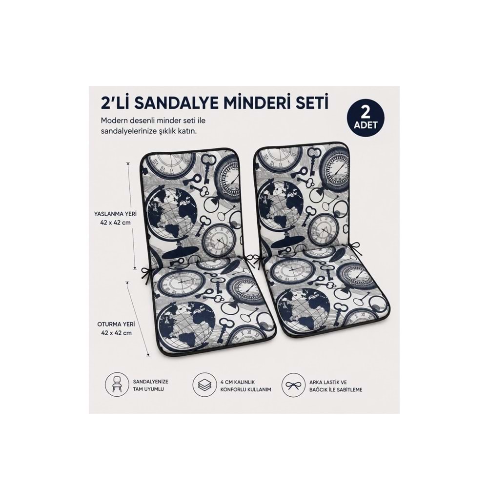 2 Adet Rattan Arkalıklı Sandalye Minderi (Kalınlık 4cm)-Saat Desen Lacivert