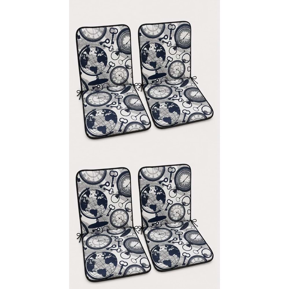 4 Adet Rattan Arkalıklı Sandalye Minderi (Kalınlık 4cm)-Saat Desen Lacivert