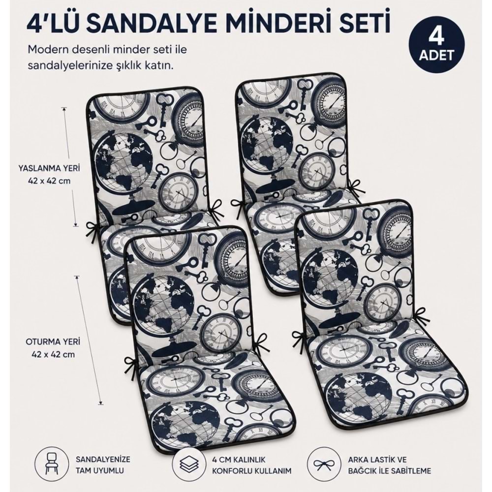 4 Adet Rattan Arkalıklı Sandalye Minderi (Kalınlık 4cm)-Saat Desen Lacivert
