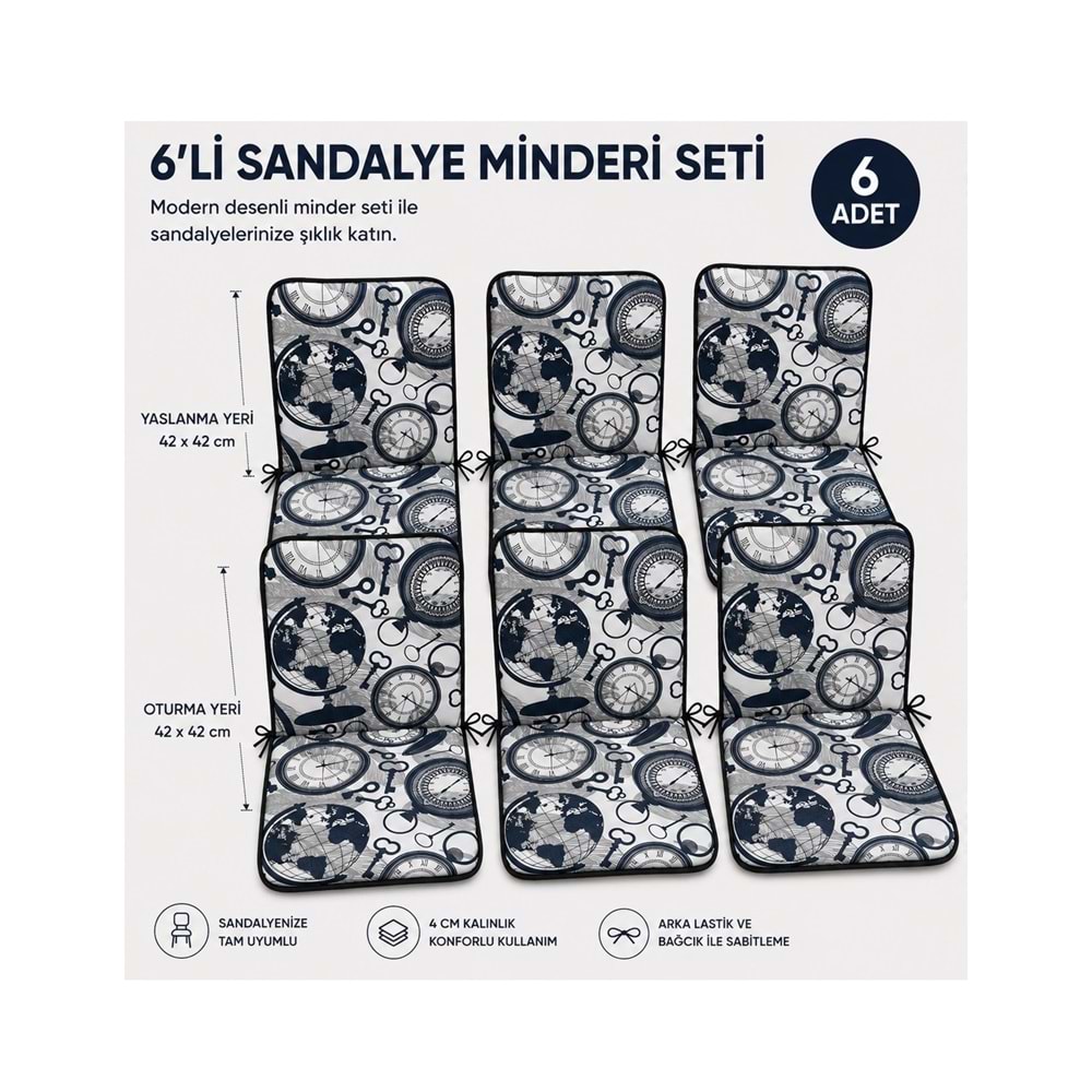 6 Adet Rattan Arkalıklı Sandalye Minderi (Kalınlık 4cm)-Saat Desen Lacivert