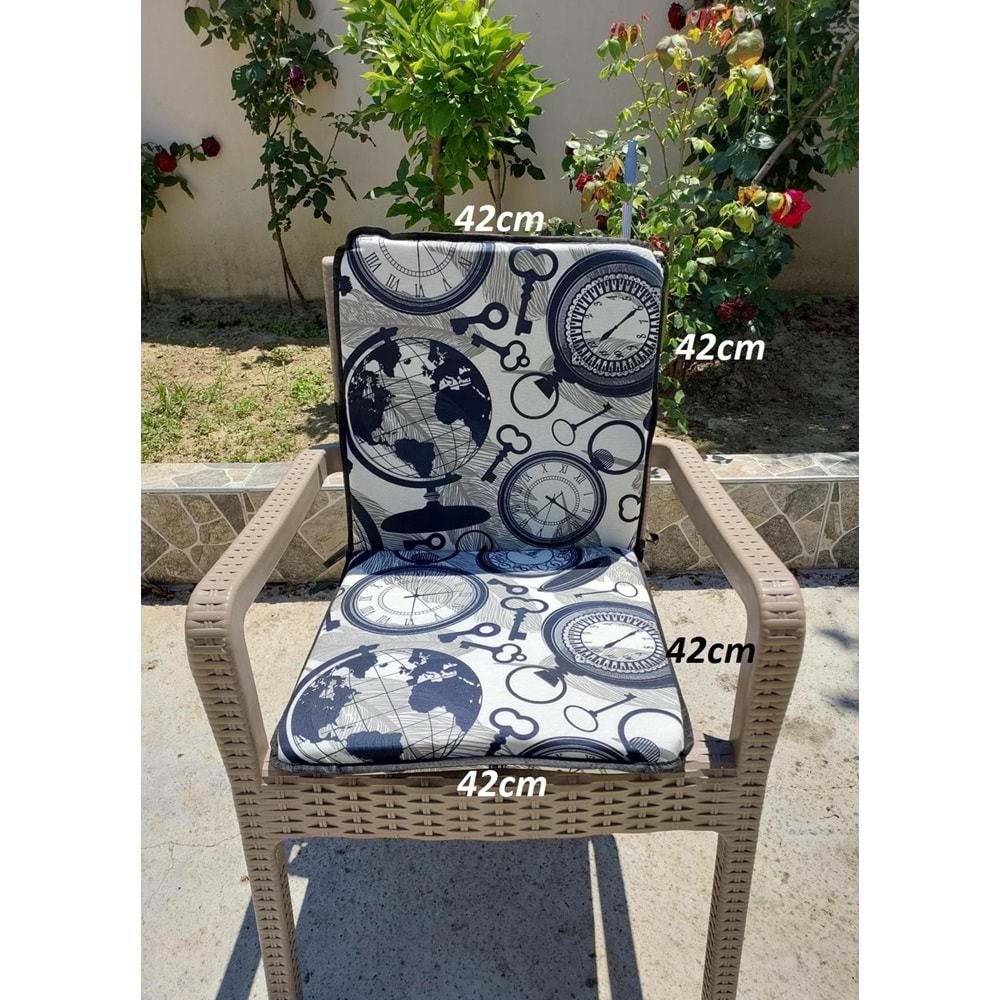 6 Adet Rattan Arkalıklı Sandalye Minderi (Kalınlık 4cm)-Saat Desen Lacivert