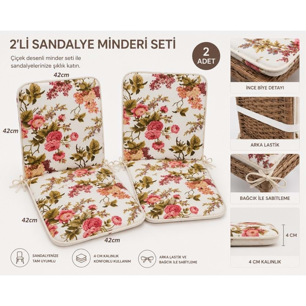 2 Adet Rattan Arkalıklı Sandalye Minderi (Kalınlık 4cm)-İngiliz Gülü (Pamuklu Kumaş)