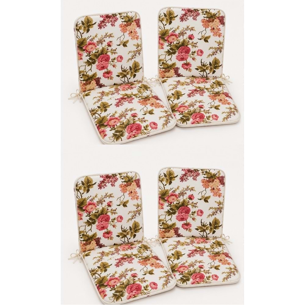 4 Adet Rattan Arkalıklı Sandalye Minderi (Kalınlık 4cm)-İngiliz Gülü (Pamuklu Kumaş)