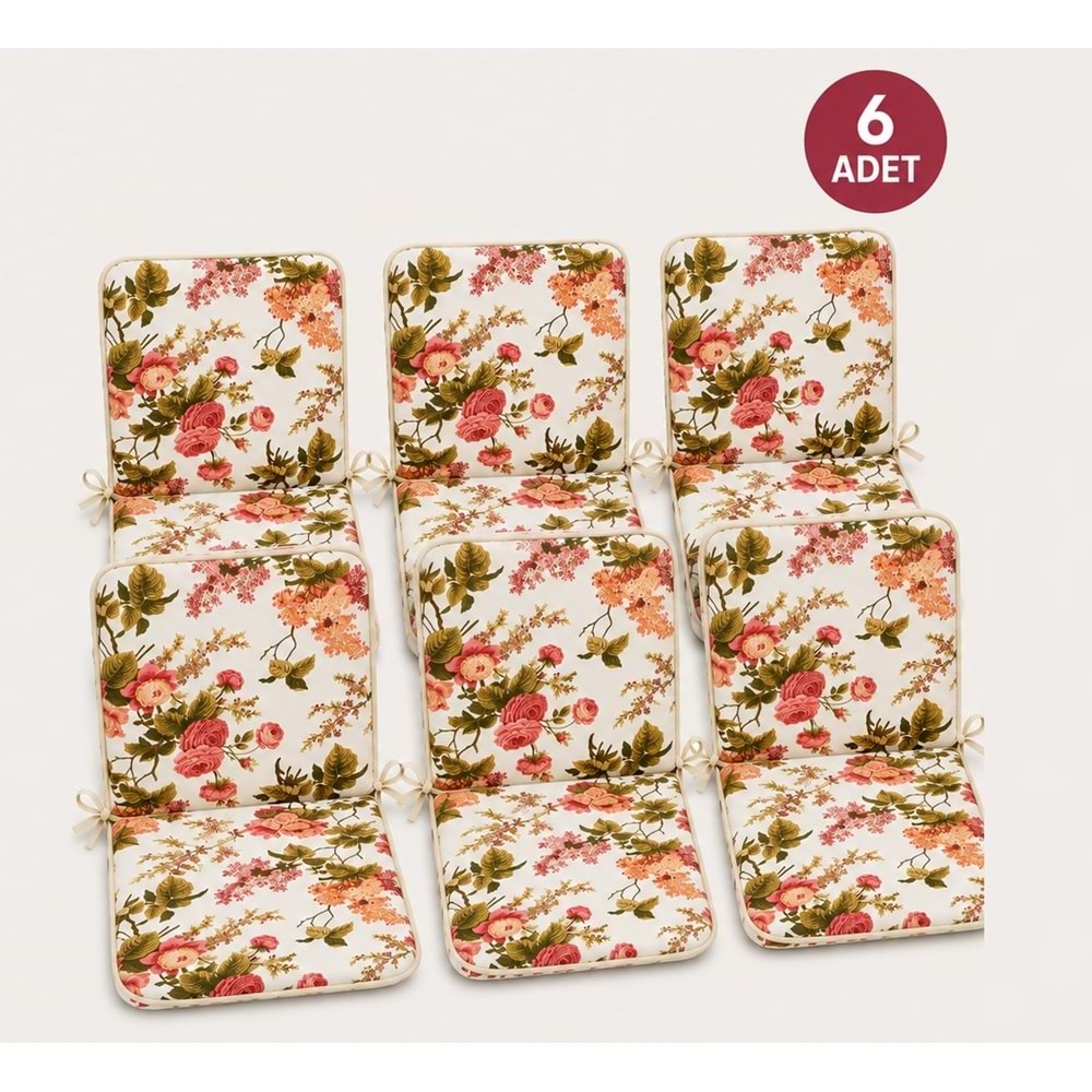 6 Adet Rattan Arkalıklı Sandalye Minderi (Kalınlık 4cm)-İngiliz Gülü (Pamuklu Kumaş)