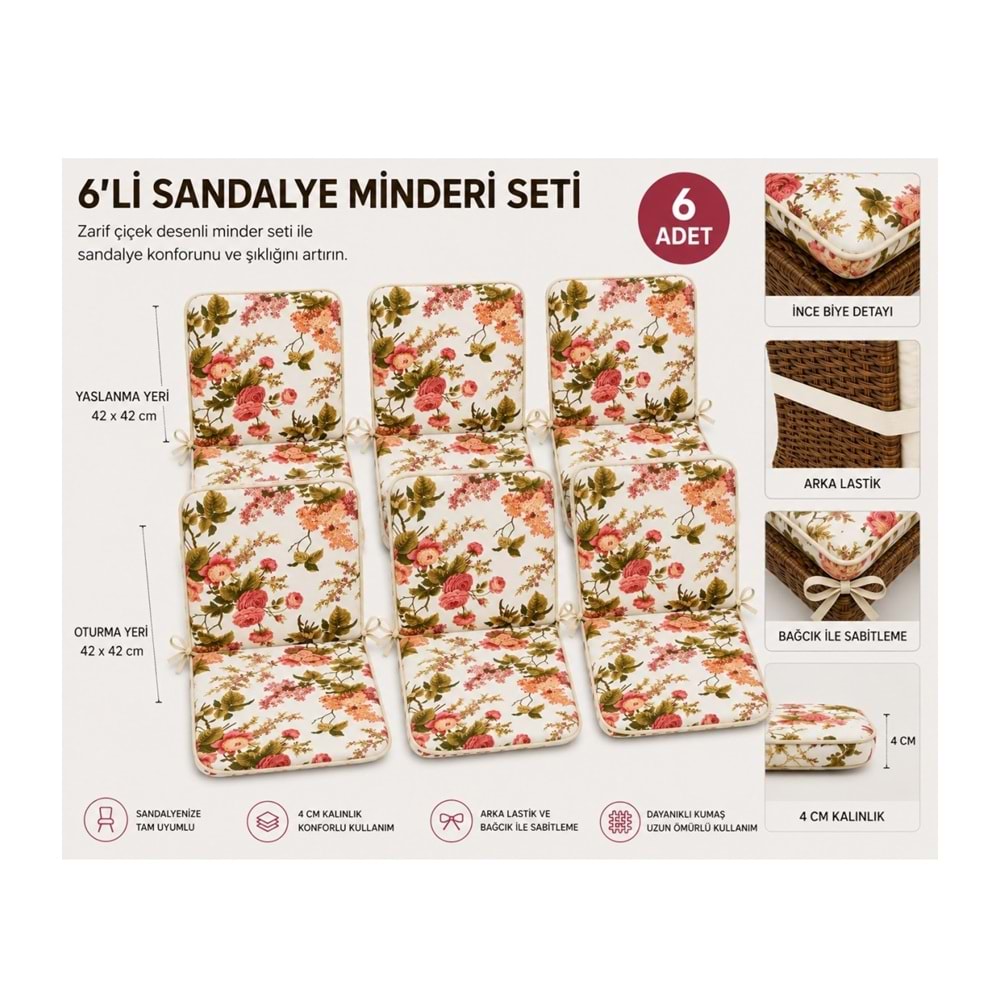 6 Adet Rattan Arkalıklı Sandalye Minderi (Kalınlık 4cm)-İngiliz Gülü (Pamuklu Kumaş)